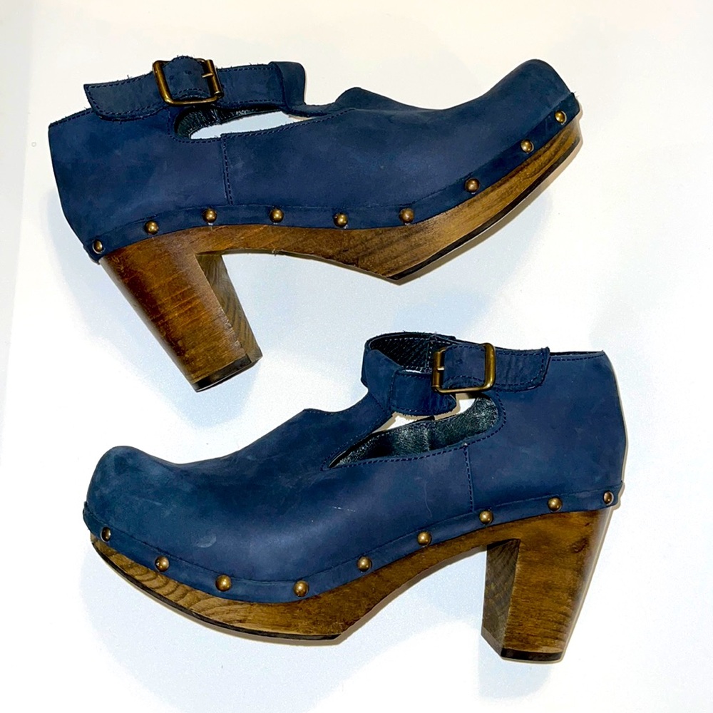 Dark Blue Women’s Clog Mules with Studded Wood Heel
